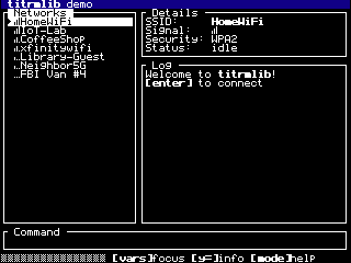 The demo program: a mock Wi-Fi manager with a network list, details, log, command input and status bar